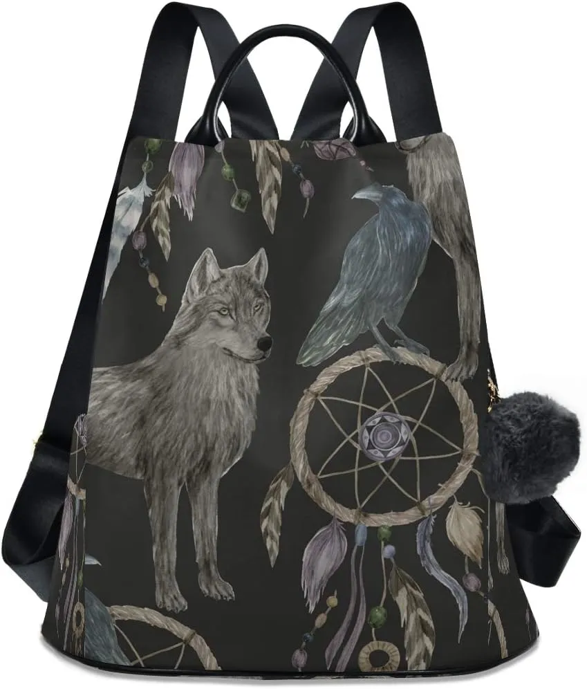 ALAZA Watercolor Black Raven and Wolf Boho Backpack Purse with Adjustable Straps
