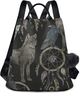 ALAZA Watercolor Black Raven and Wolf Boho Backpack Purse with Adjustable Straps