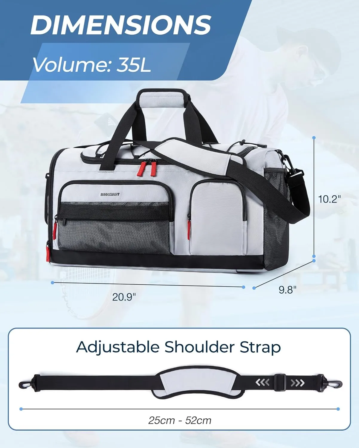 BAGSMART Gym Bag for Women & Men, 35L Sports Travel Duffel Bag with Shoe CompartmentAnti-Theft Carry On Weekender Bag for Airplane, Water Resistant Workout Overnight Backpack for Travel Gym,Grey