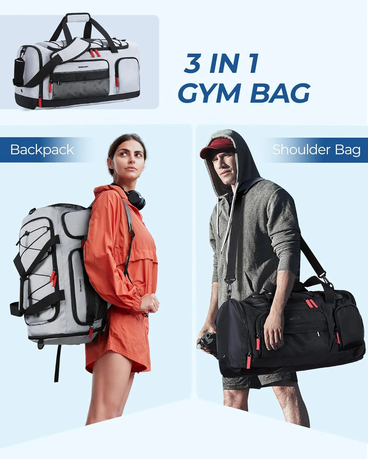 BAGSMART Gym Bag for Women & Men, 35L Sports Travel Duffel Bag with Shoe CompartmentAnti-Theft Carry On Weekender Bag for Airplane, Water Resistant Workout Overnight Backpack for Travel Gym,Grey
