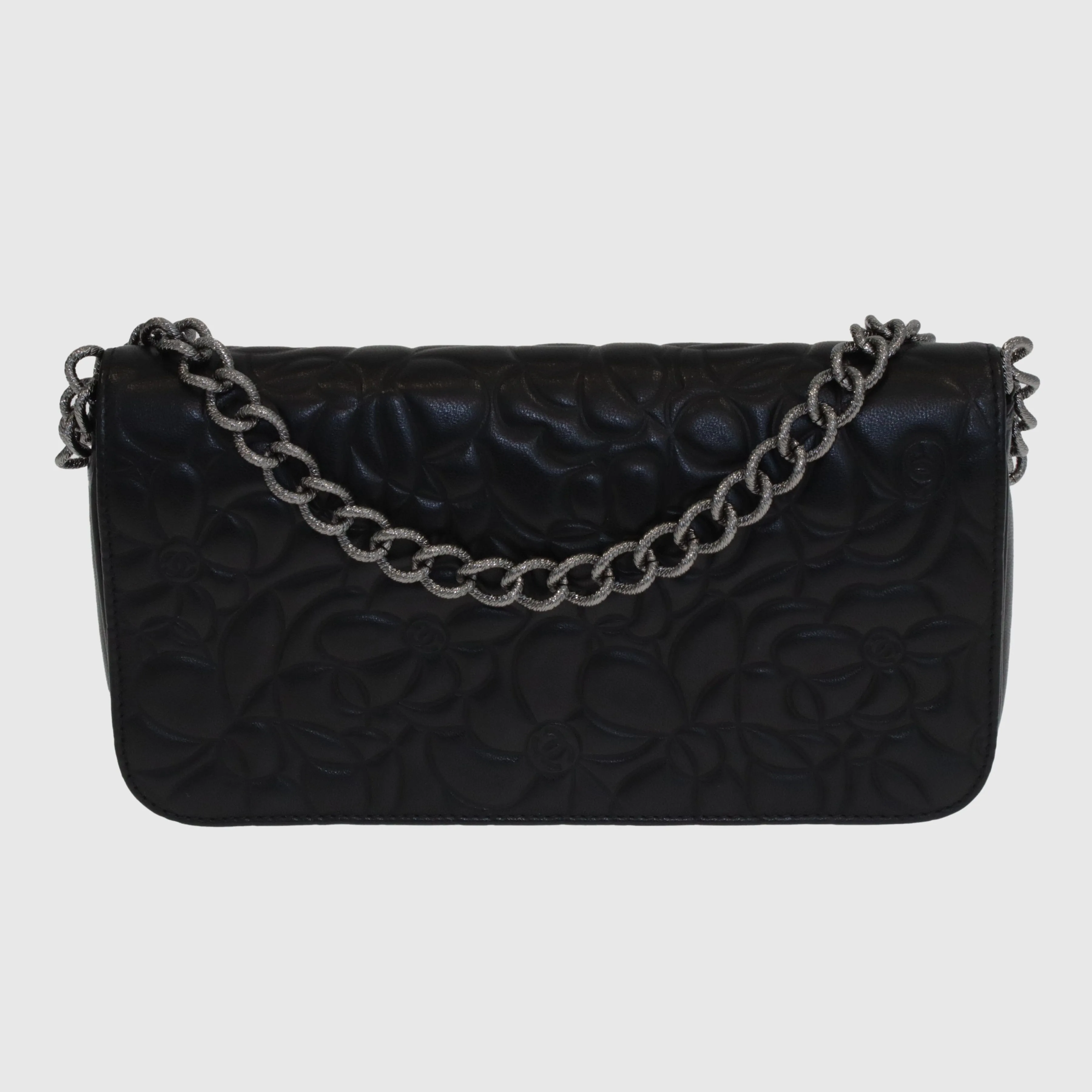 Black Camellia Embossed Flap Bag
