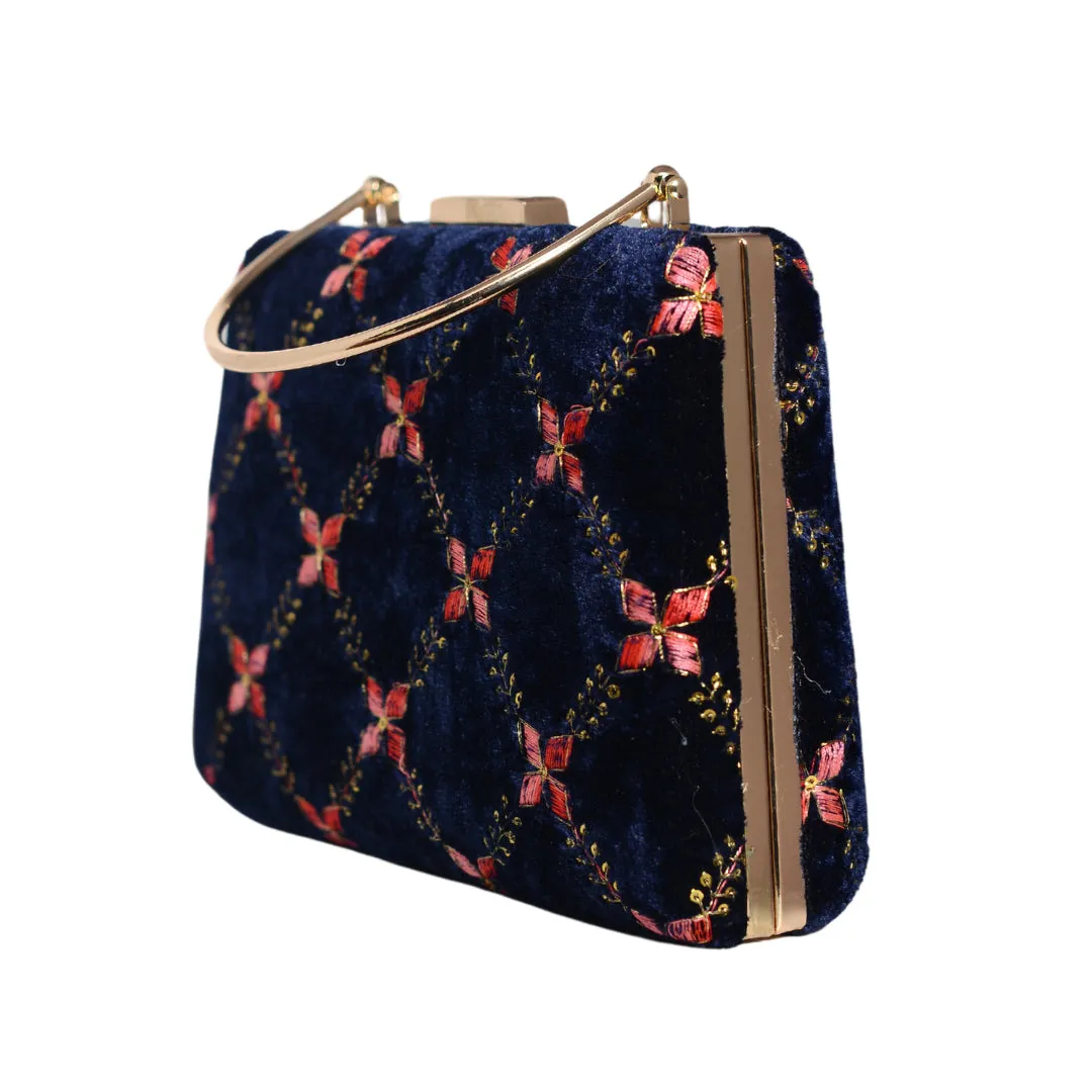 Blue Embroidery Velvet Clutch