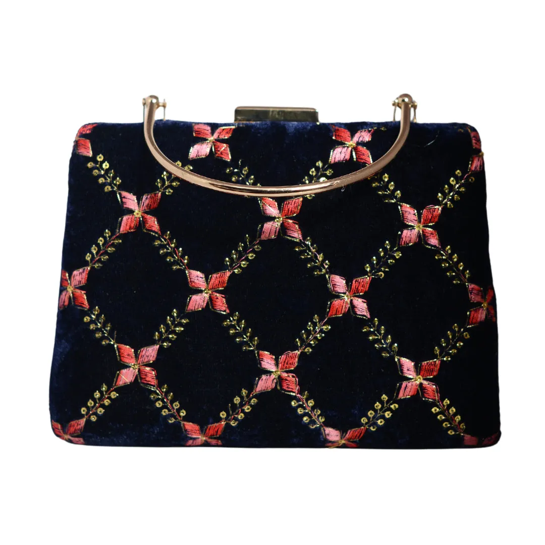 Blue Embroidery Velvet Clutch