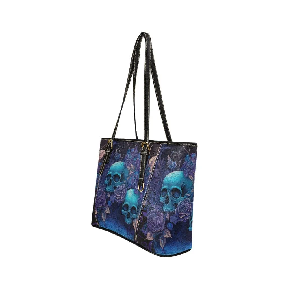 Blue Skulls Floral Small Leather Tote Bag
