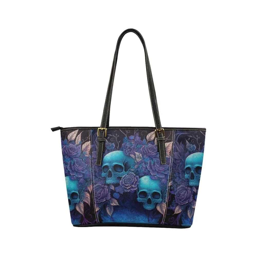 Blue Skulls Floral Small Leather Tote Bag