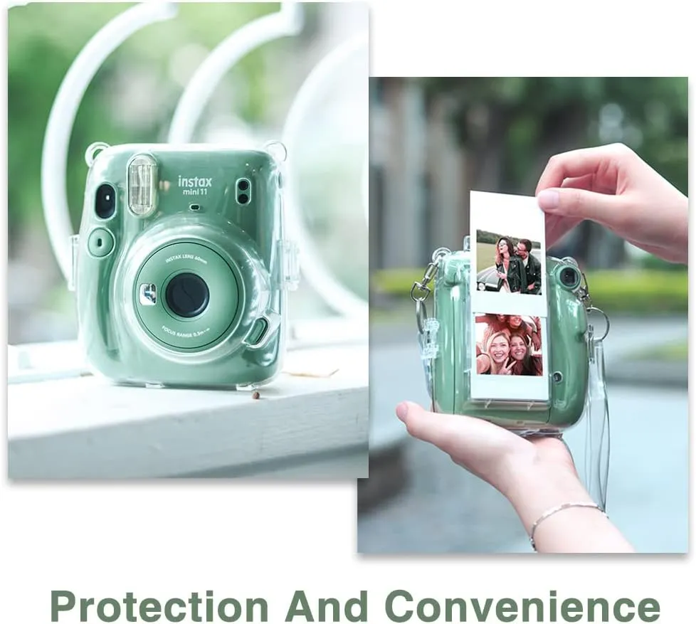 CAIYOULE Protective Camera Case for Fujifilm Instax Mini 11 Film Camera Clear Case with Upgraded Film Pocket Pouch for Storing Photos and Adjustable Shoulder StrapNo Camera