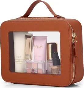 Clear Makeup Bag Waterproof Travel Case for Cosmetics and Toiletries Women's Makeup Organizer and Car Bag with Zipper (X/Brown, L-1)