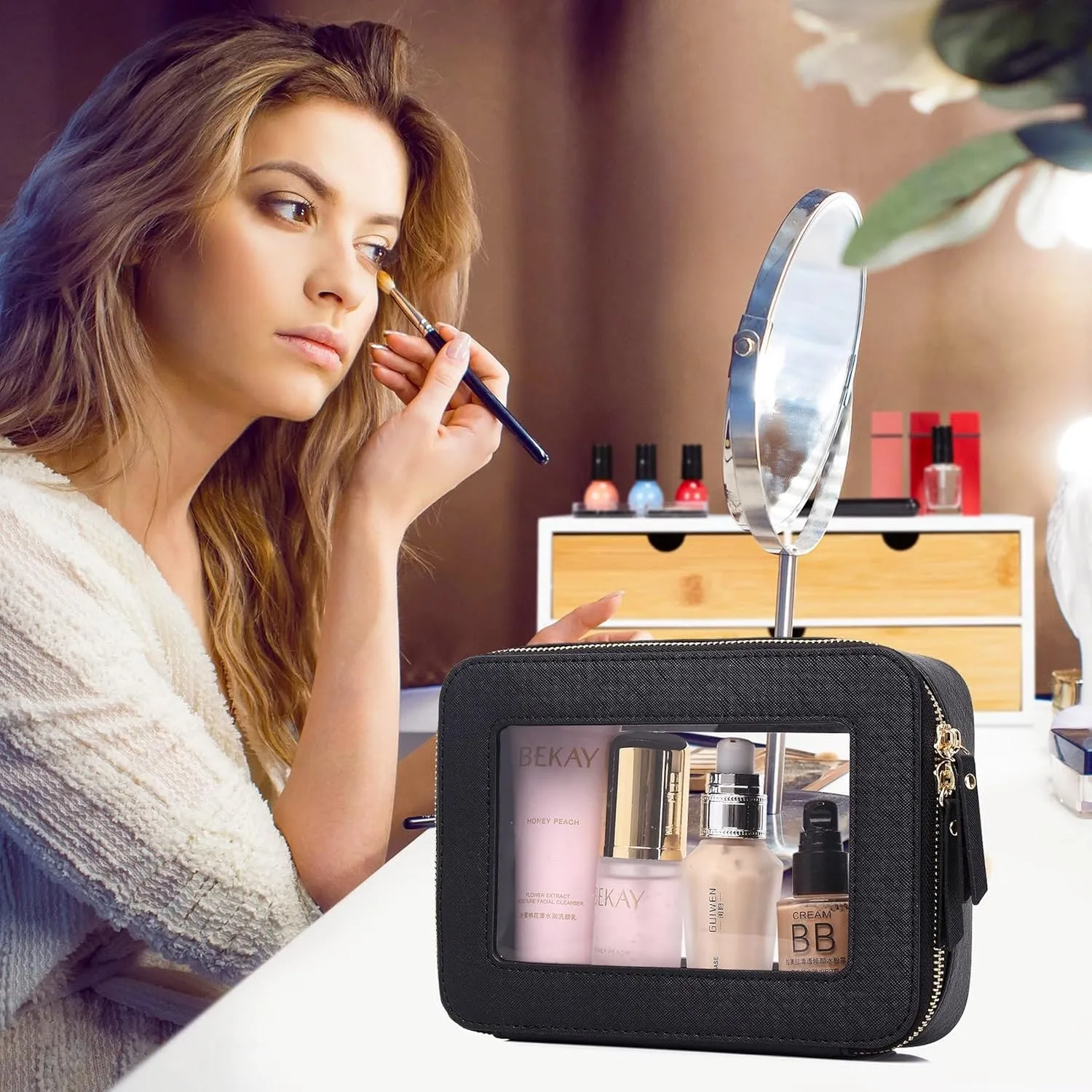 Clear Makeup Bag Waterproof Travel Case for Cosmetics and Toiletries Women's Purse Organizer and Clear Car Bag with Zipper (Black, M MINI)