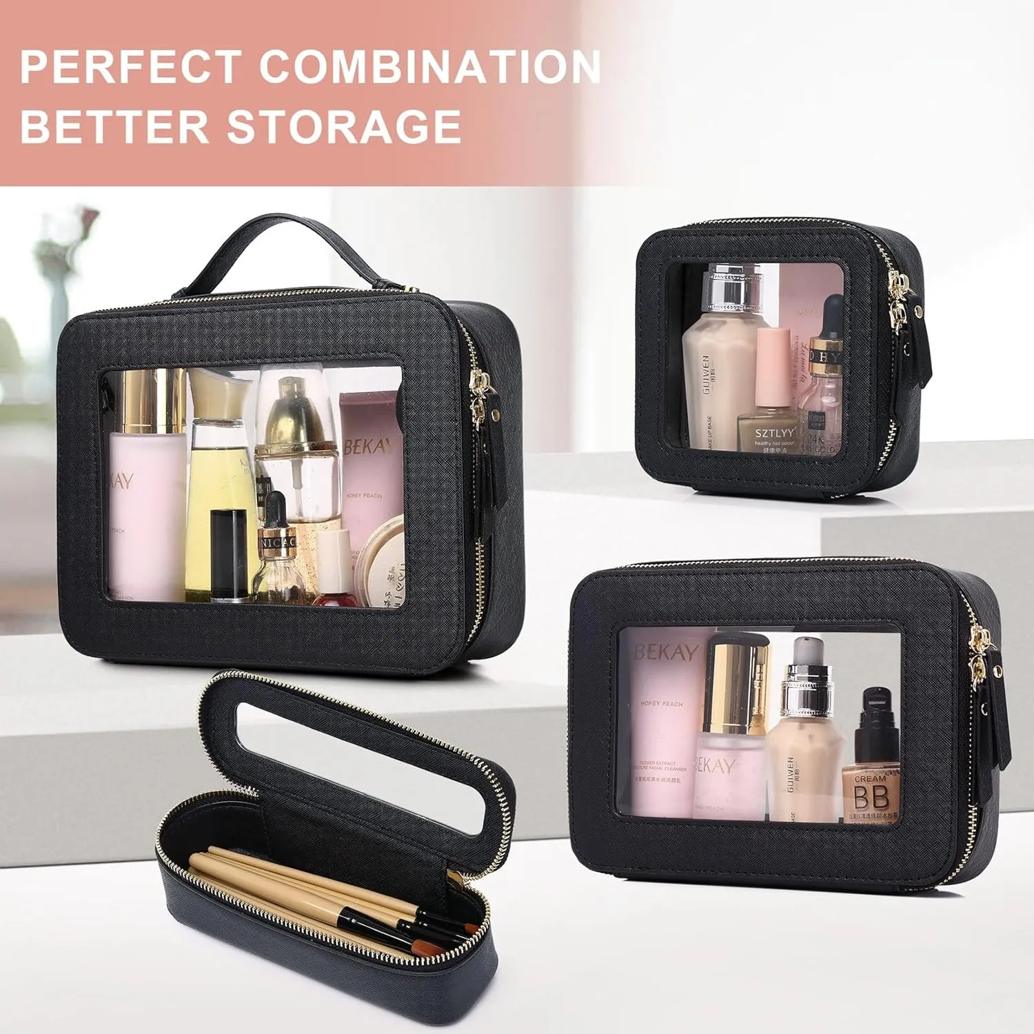 Clear Makeup Bag Waterproof Travel Case for Cosmetics and Toiletries Women's Purse Organizer and Clear Car Bag with Zipper (Black, M MINI)