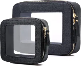 Clear Makeup Bag Waterproof Travel Case for Cosmetics and Toiletries Women's Purse Organizer and Clear Car Bag with Zipper (Black, M MINI)