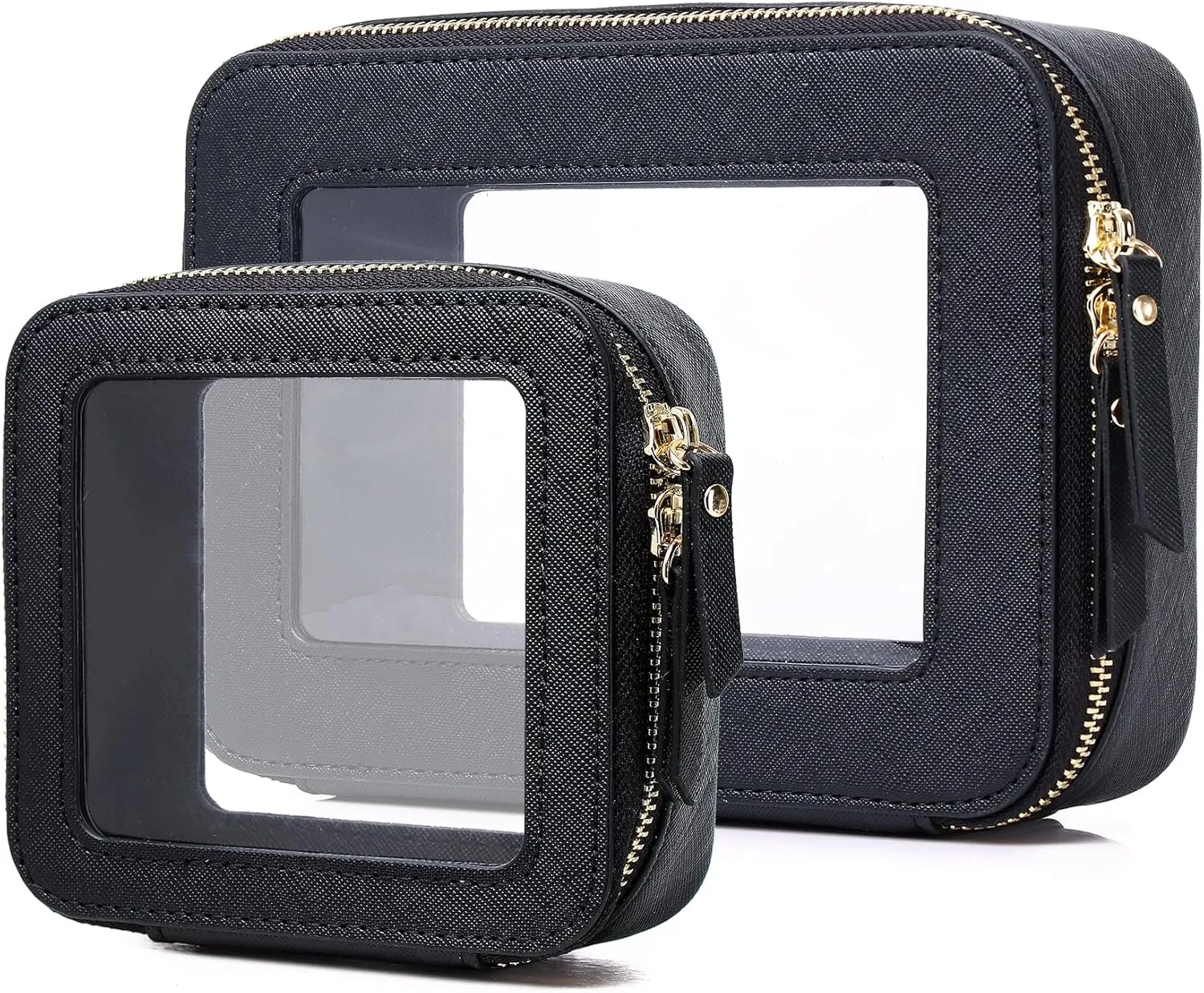 Clear Makeup Bag Waterproof Travel Case for Cosmetics and Toiletries Women's Purse Organizer and Clear Car Bag with Zipper (Black, M MINI)