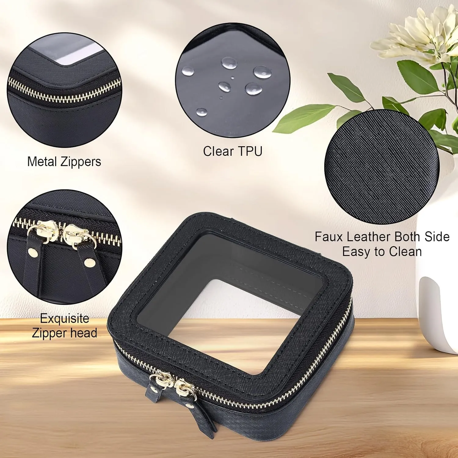 Clear Makeup Bag Waterproof Travel Case for Cosmetics and Toiletries Women's Purse Organizer and Clear Car Bag with Zipper (Black, M MINI)