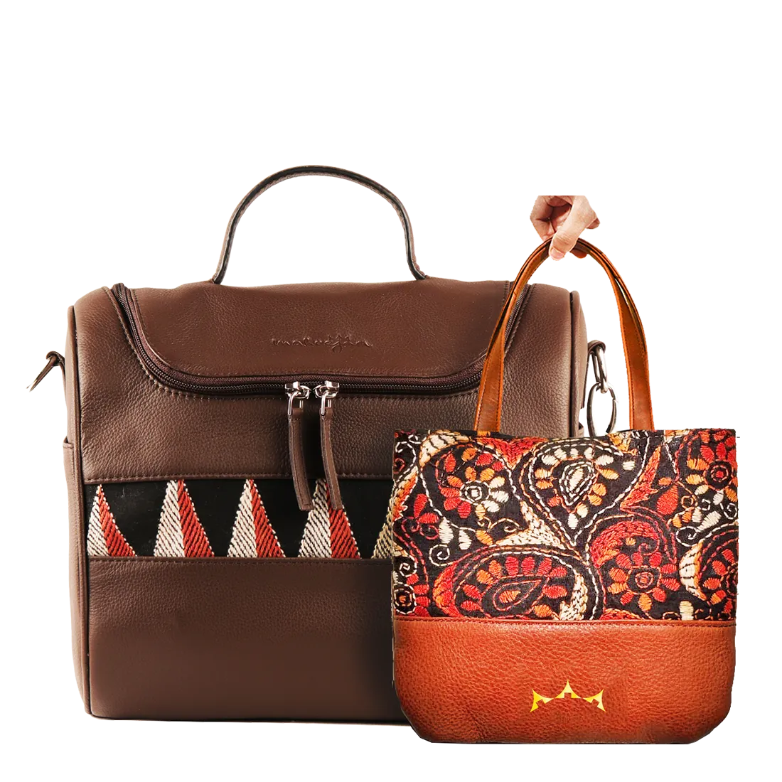 Combo of Leather Embroidery Oval Crossbody & Mini Tote