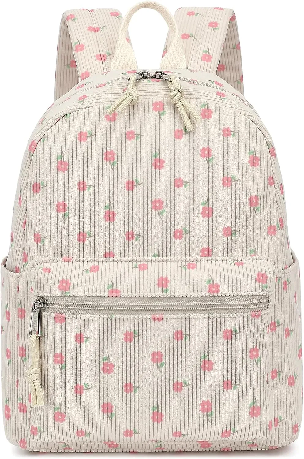 Corduroy Mini Backpack Purse for Women Girls, Fashion Small Backpack for Adults Teens Kids School Travel (Pink Flower)