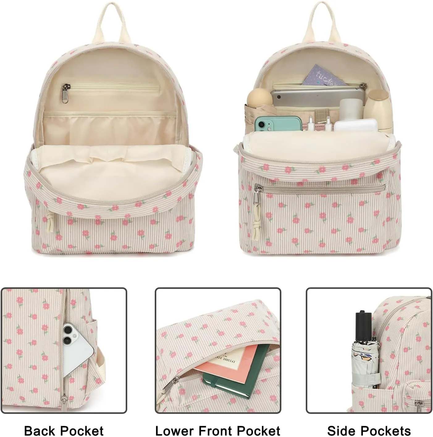 Corduroy Mini Backpack Purse for Women Girls, Fashion Small Backpack for Adults Teens Kids School Travel (Pink Flower)