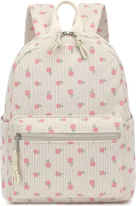 Corduroy Mini Backpack Purse for Women Girls, Fashion Small Backpack for Adults Teens Kids School Travel (Pink Flower)