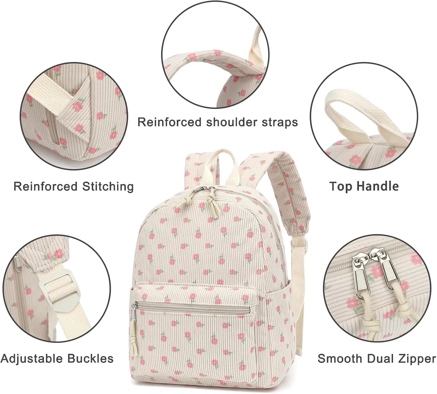 Corduroy Mini Backpack Purse for Women Girls, Fashion Small Backpack for Adults Teens Kids School Travel (Pink Flower)