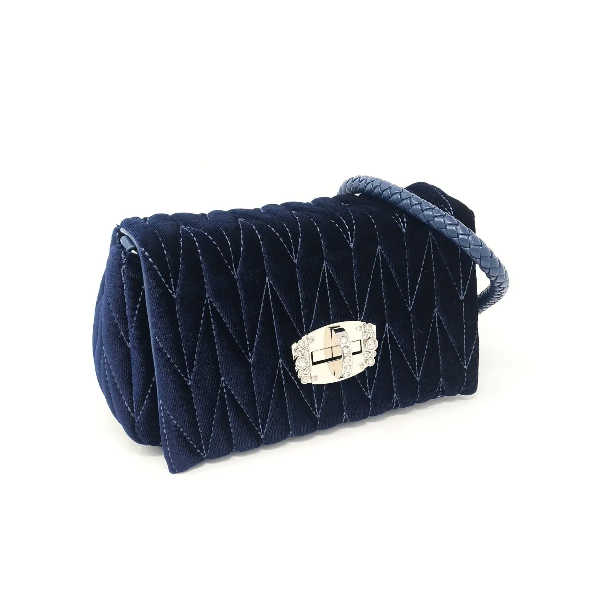 Deep Blue Velvet & Diamante Quilted Handbag