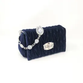 Deep Blue Velvet & Diamante Quilted Handbag