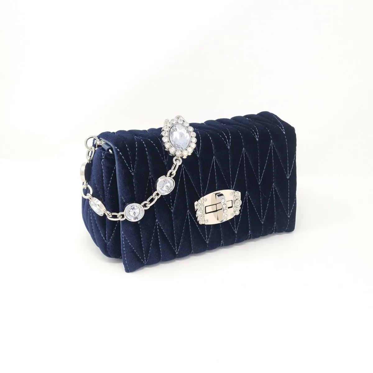 Deep Blue Velvet & Diamante Quilted Handbag