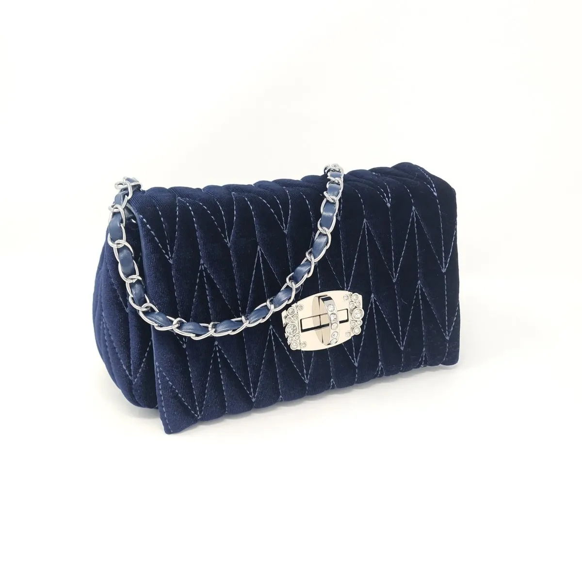 Deep Blue Velvet & Diamante Quilted Handbag