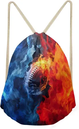 Fire Football Pattern Drawstring Bag Gym Bag Casual Backpack Sport Sackpack for Teenage Students Lightweight Bookbag Sport Bag Blue Red
