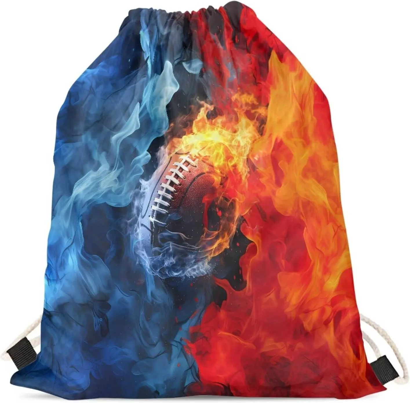 Fire Football Pattern Drawstring Bag Gym Bag Casual Backpack Sport Sackpack for Teenage Students Lightweight Bookbag Sport Bag Blue Red