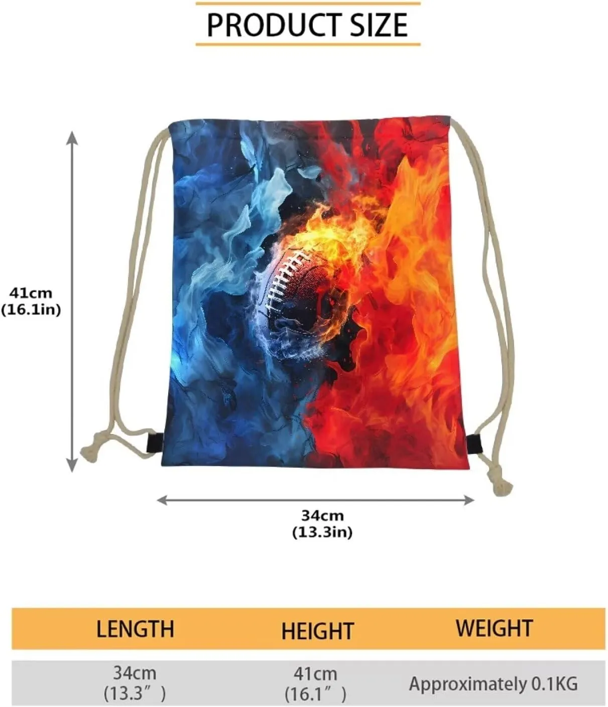 Fire Football Pattern Drawstring Bag Gym Bag Casual Backpack Sport Sackpack for Teenage Students Lightweight Bookbag Sport Bag Blue Red