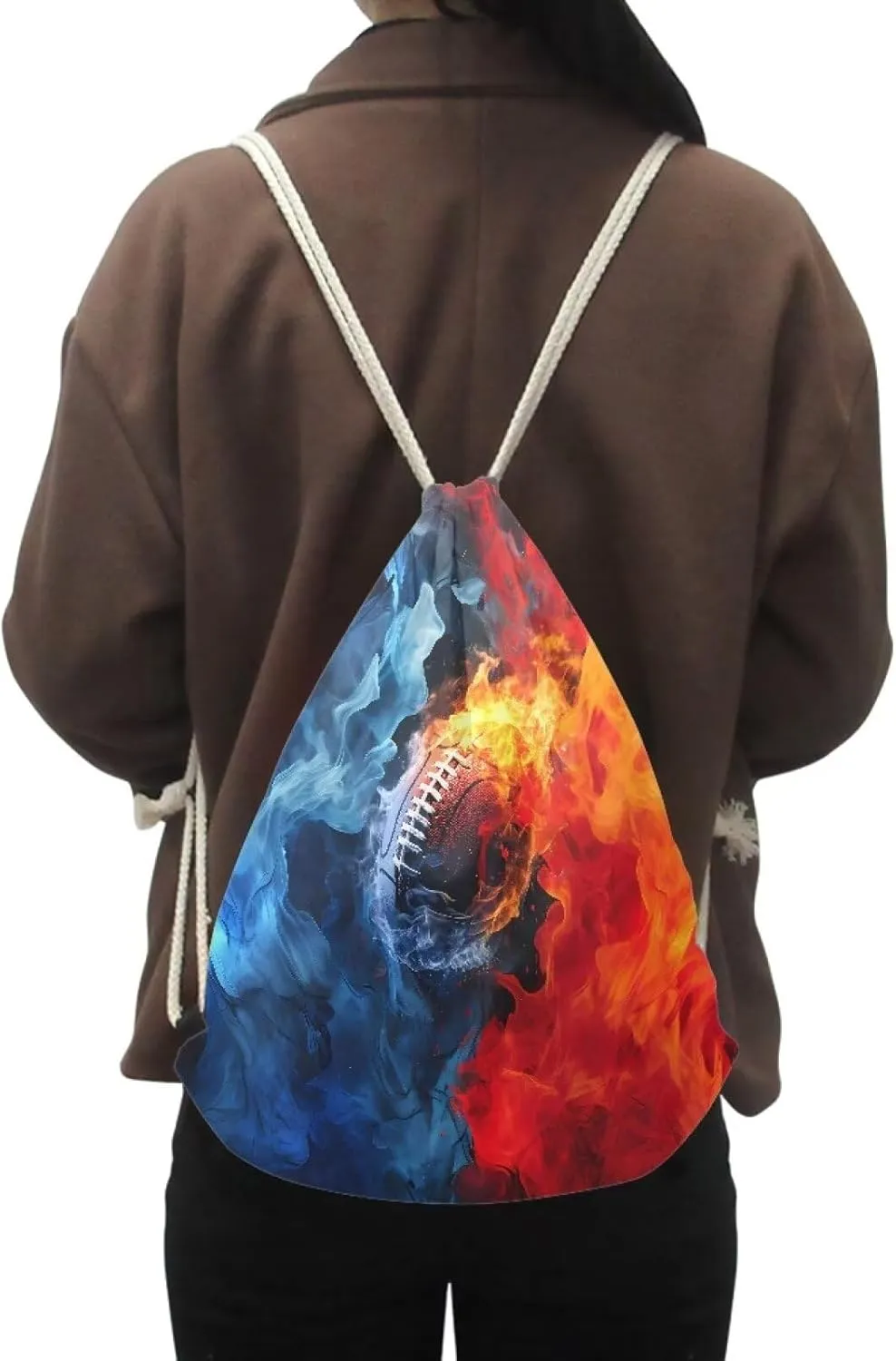 Fire Football Pattern Drawstring Bag Gym Bag Casual Backpack Sport Sackpack for Teenage Students Lightweight Bookbag Sport Bag Blue Red