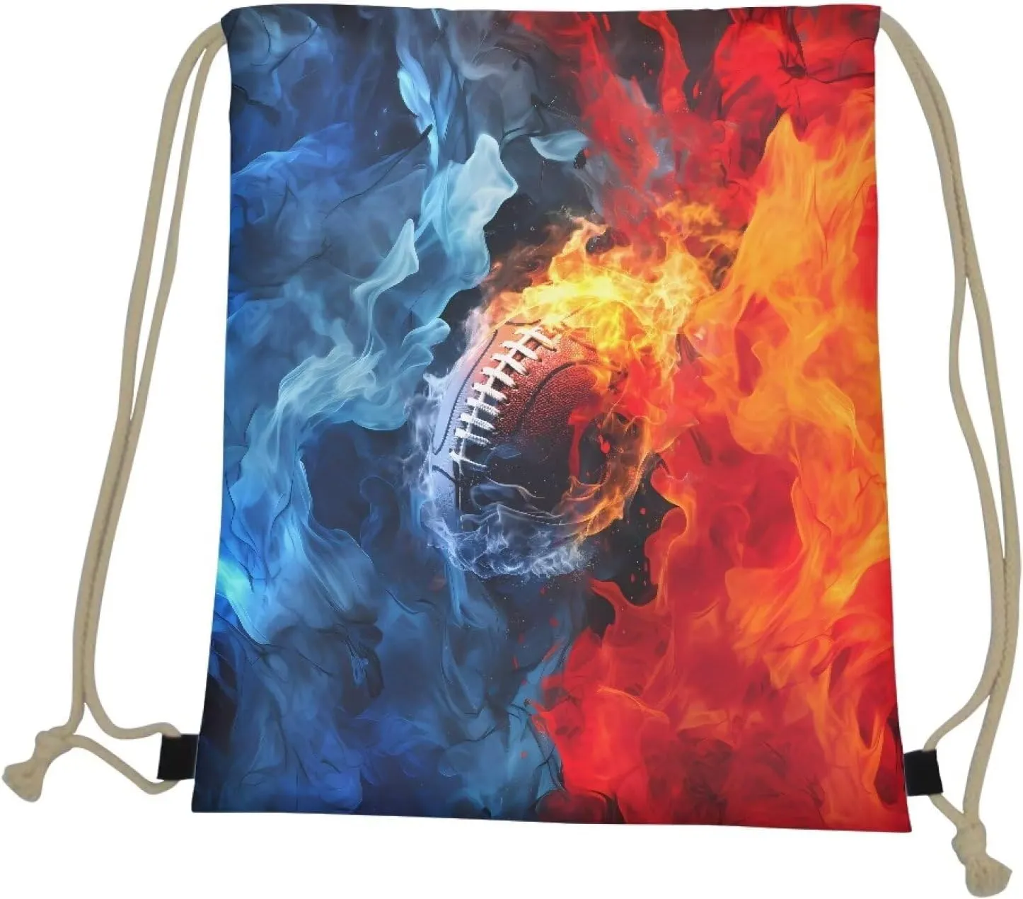 Fire Football Pattern Drawstring Bag Gym Bag Casual Backpack Sport Sackpack for Teenage Students Lightweight Bookbag Sport Bag Blue Red