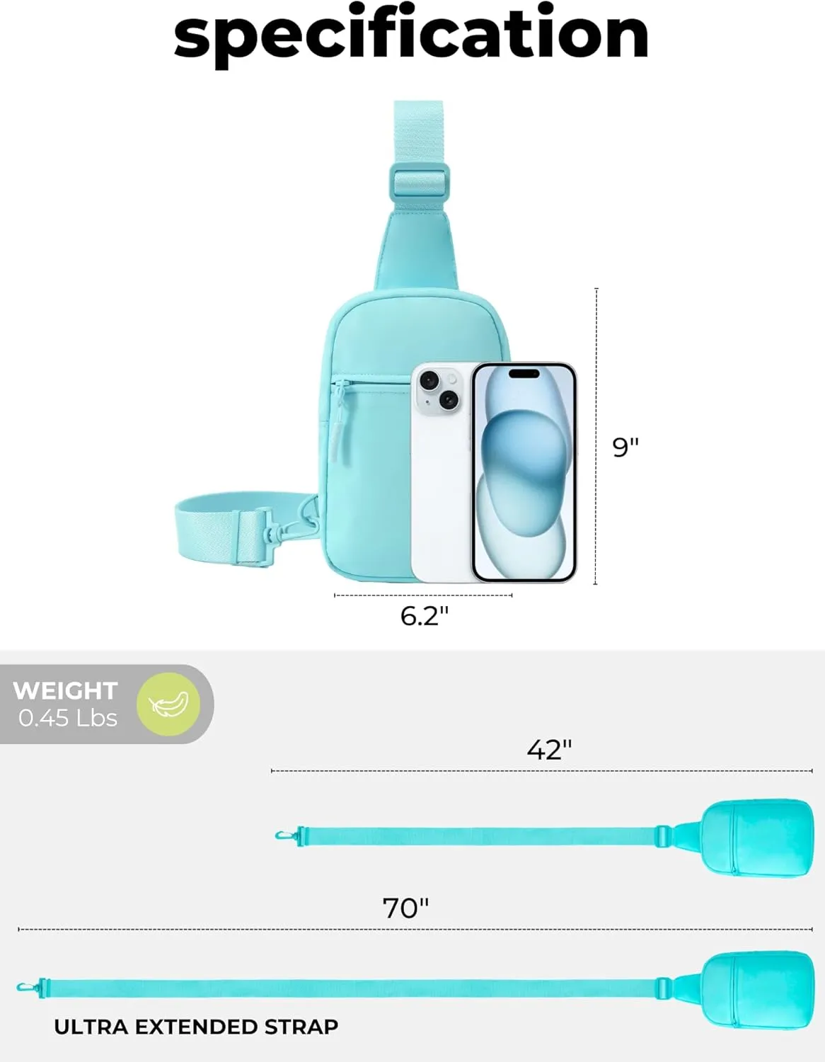 FORZAROCKET Ultralight Sling Bag w/Long Strap 70"  Small Crossbody Bag w/Extended Strap  Women Men Fanny Pack w/Anti-Theft Pocket  Two-Way Durable Zipper  Travel & Plus Size Friendly, Light Blue