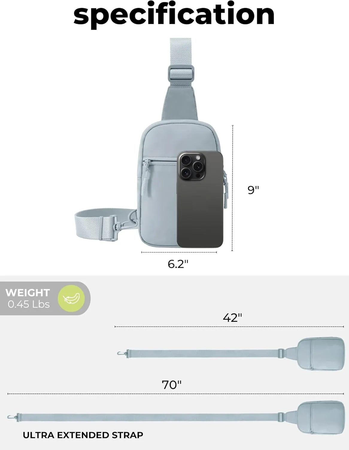 FORZAROCKET Ultralight Sling Bag w/Long Strap 70"  Small Crossbody Bag w/Extended Strap  Women Men Fanny Pack w/Anti-Theft Pocket  Two-Way Durable Zipper  Travel & Plus Size Friendly, Light Grey