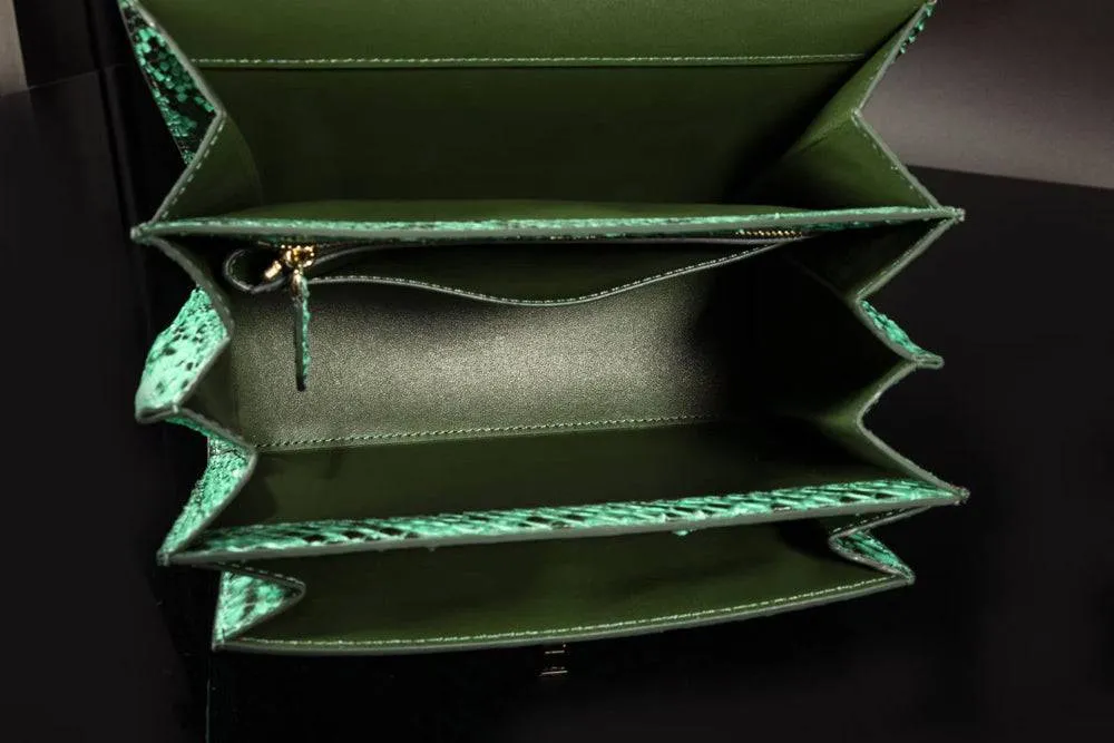 Green Genuine Python Leather Top Handle Bag
