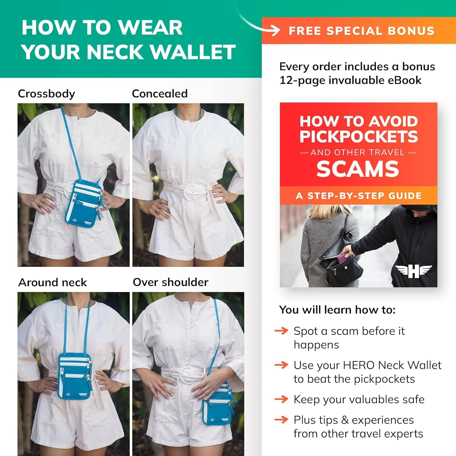 HERO Neck Wallet, RFID Blocking Passport Holder, Easy to Conceal Pouch