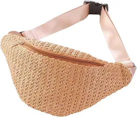 IAMUHI Straw Woven Fanny Pack Cross Chest Shoulder Handbag Purse Handwoven Beach Bag,Khaki