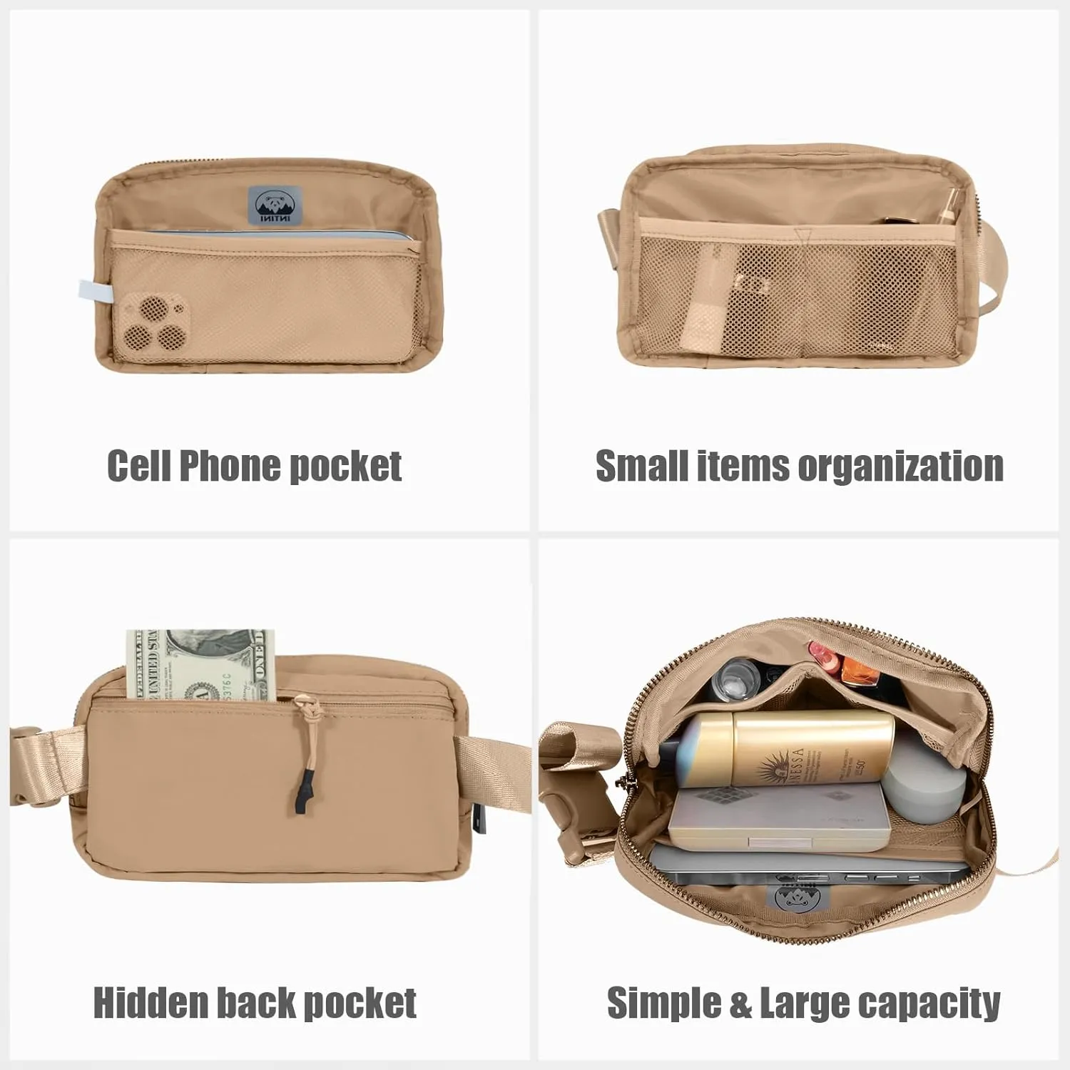 INTINI Everywhere Belt Bag  Small, Slim, and Stylish Mini Crossbody Fanny Pack for Women 50 Inch Waist (S - Camel)
