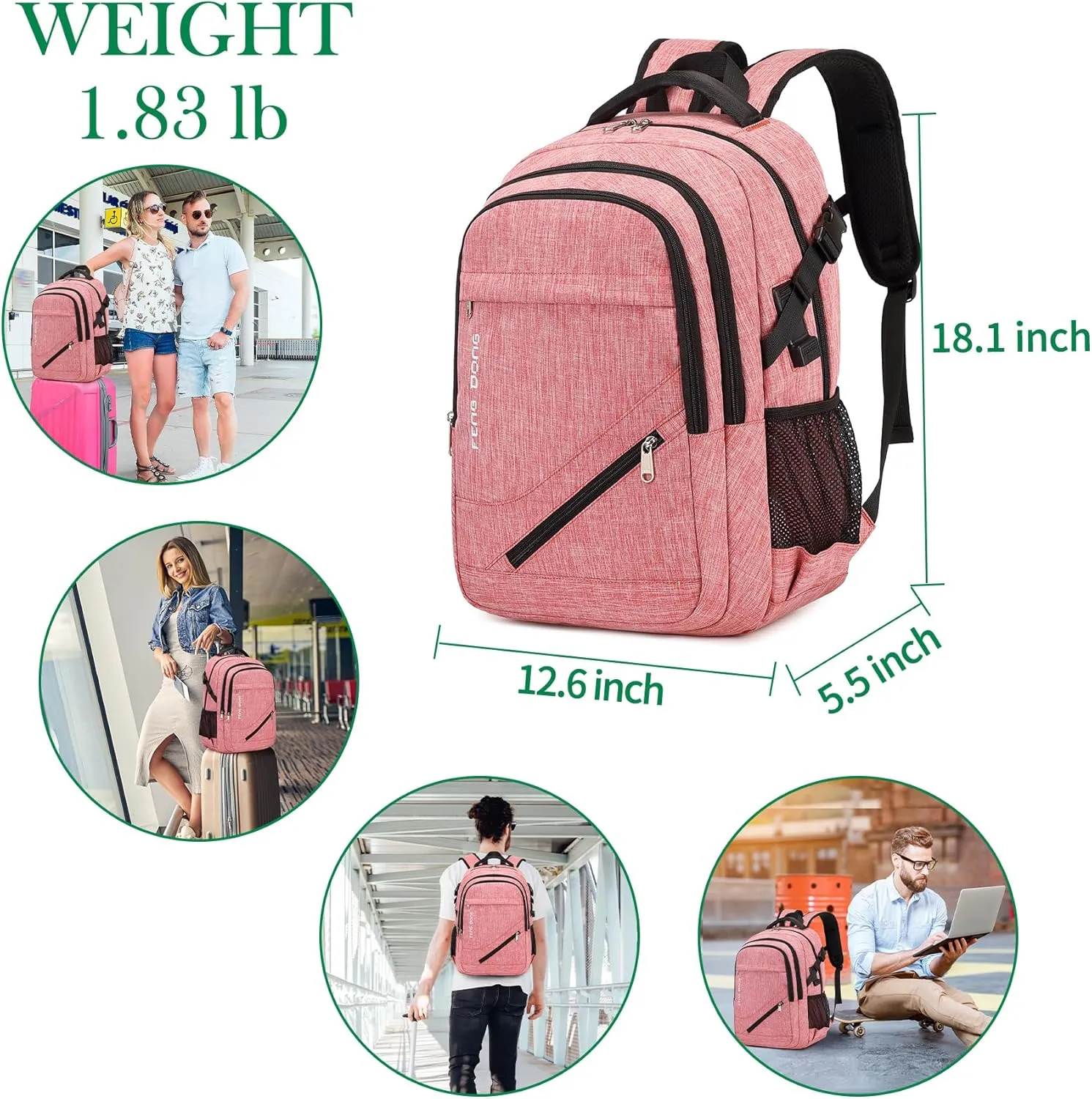 Large Laptop Backpack 17.3 inch Durable Waterproof Travel College Backpack Bookbag for Men & Women Business Backpack with USB Charging Port and Headset Port Light Pink