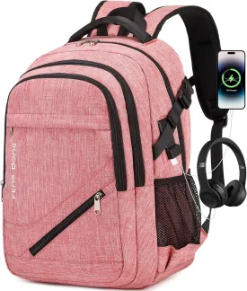 Large Laptop Backpack 17.3 inch Durable Waterproof Travel College Backpack Bookbag for Men & Women Business Backpack with USB Charging Port and Headset Port Light Pink