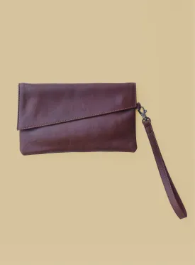 Leather Asymmetric Clutch with Wristlet Strap in Chestnut Brown