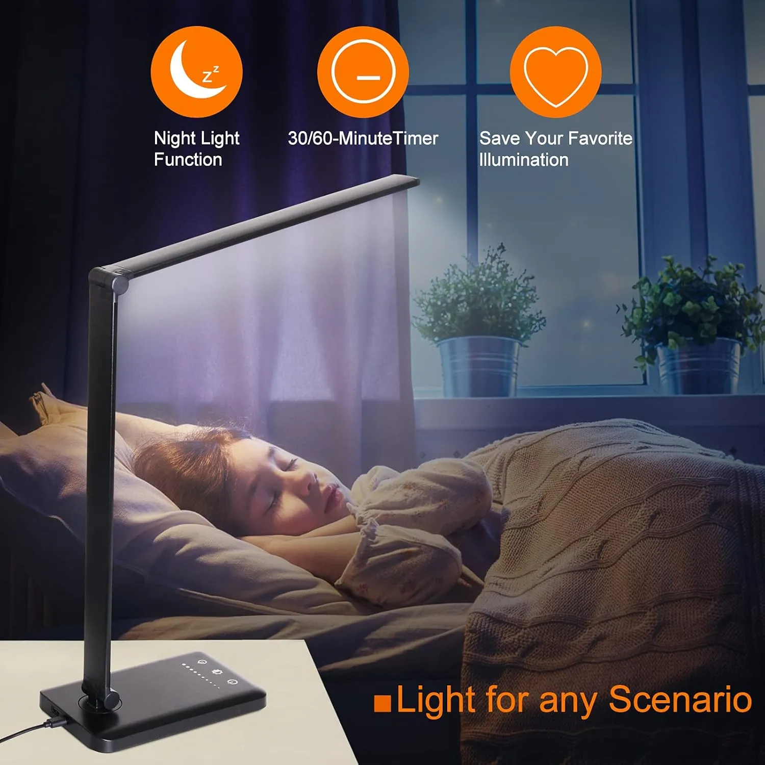 LED Desk Lamp,Eye-Caring Table Lamps,Stepless Dimmable Office Lamp with USB Charging Port,Touch/Memory/Timer Function,25 Brightness Lighting,Foldable Lamp for Reading,Studying,Working