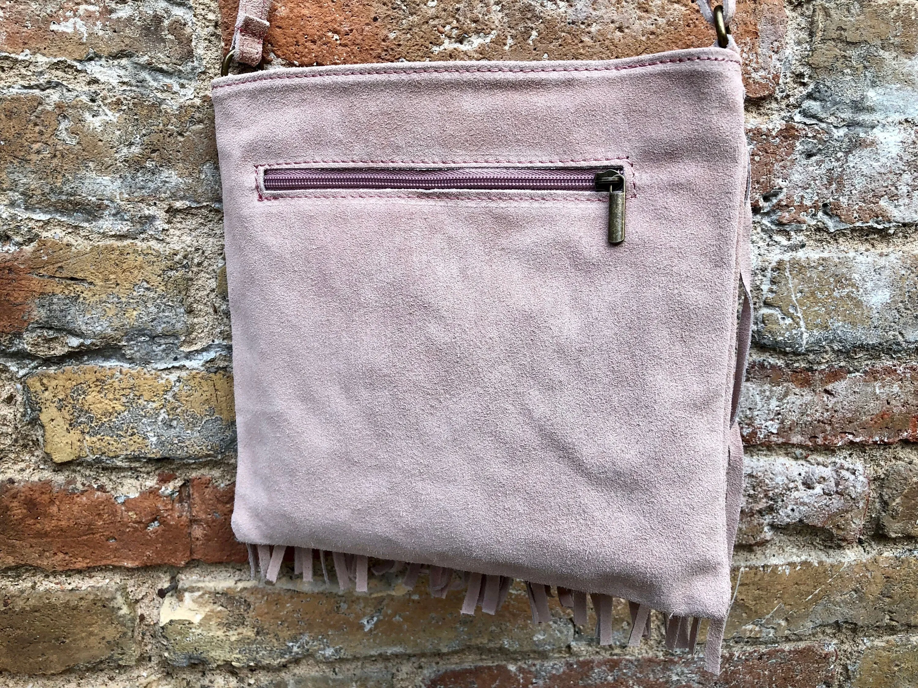 Light pink cross body fringed bag. BOHO suede bag with FRINGES. Genuine suede leather messenger bag. Crossbody hippy bag. Pink suede purse
