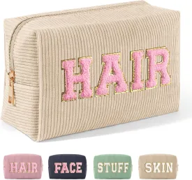 MAGEFY Corduroy Makeup Bag Small Makeup Bag for Purse with Compartments Cute Makeup Pouch Cosmetic Bag for Women Friends Preppy Gifts (Beige, HAIR)
