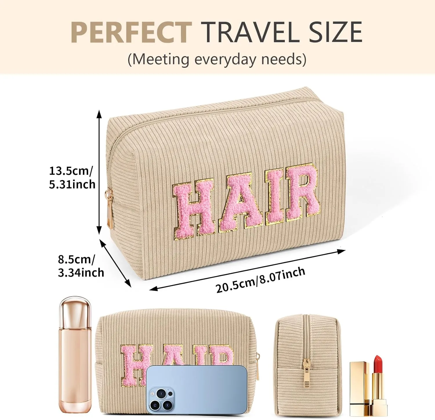 MAGEFY Corduroy Makeup Bag Small Makeup Bag for Purse with Compartments Cute Makeup Pouch Cosmetic Bag for Women Friends Preppy Gifts (Beige, HAIR)