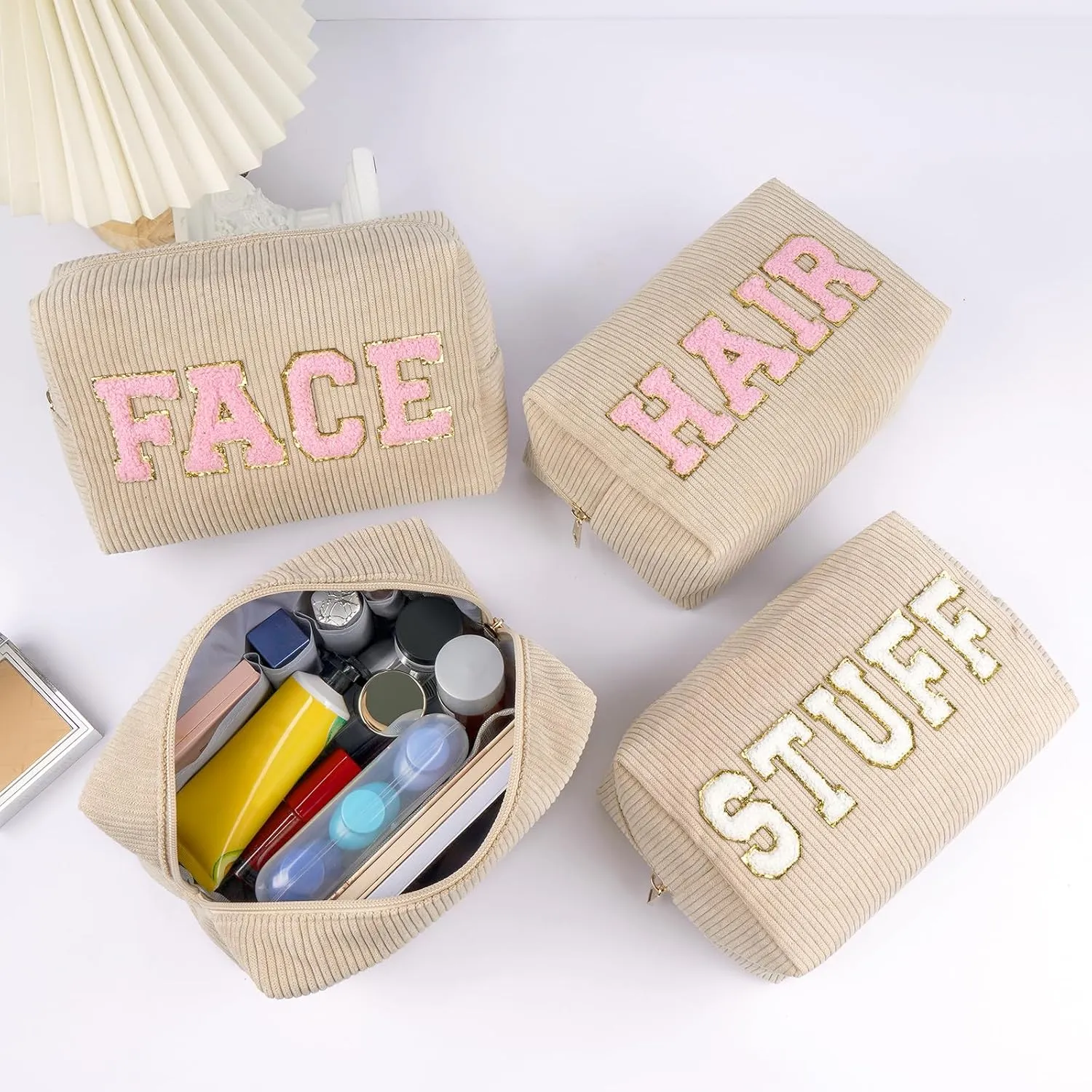 MAGEFY Corduroy Makeup Bag Small Makeup Bag for Purse with Compartments Cute Makeup Pouch Cosmetic Bag for Women Friends Preppy Gifts (Beige, HAIR)
