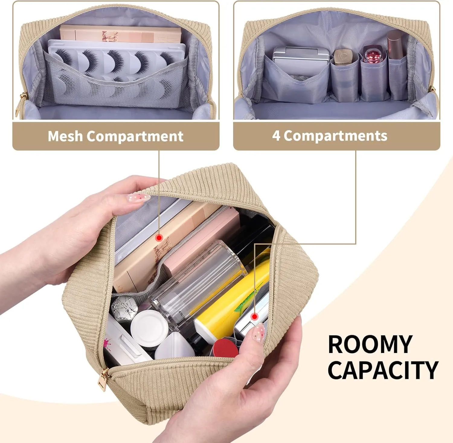 MAGEFY Corduroy Makeup Bag Small Makeup Bag for Purse with Compartments Cute Makeup Pouch Cosmetic Bag for Women Friends Preppy Gifts (Beige, SKIN)