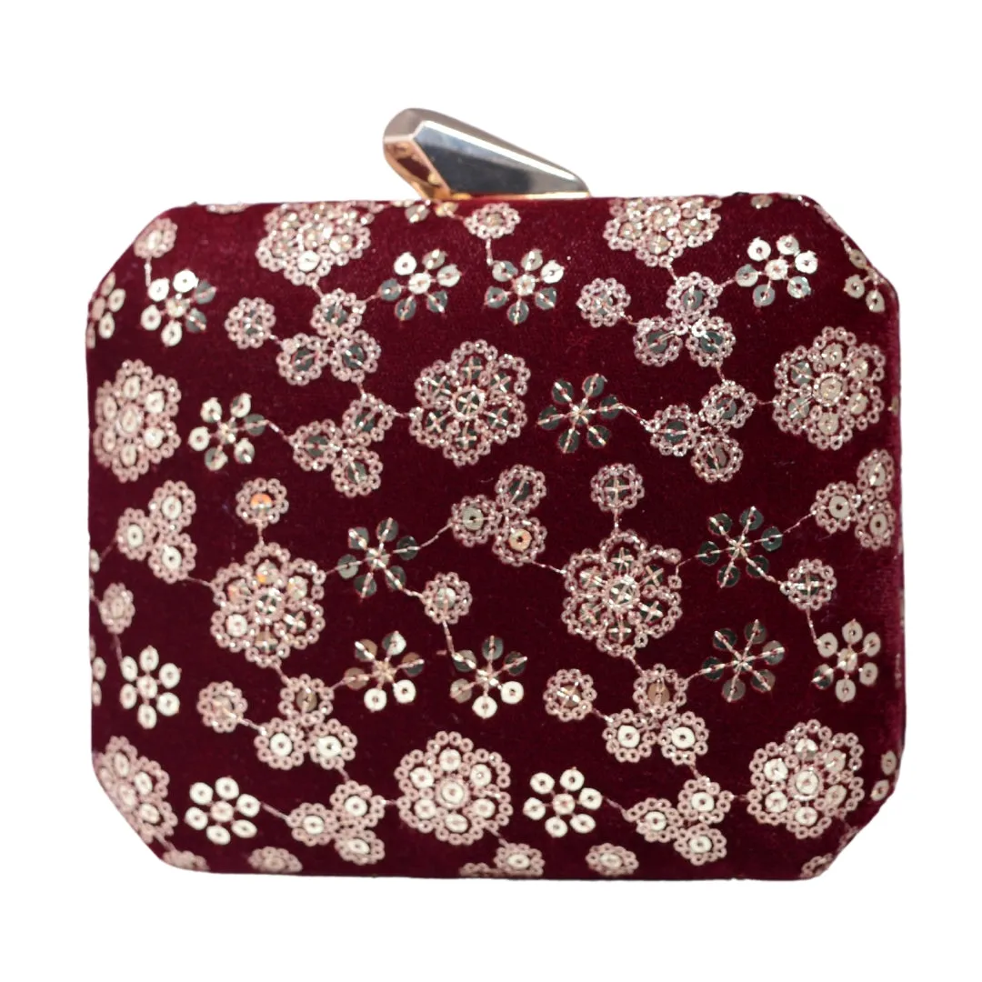 Maroon Floral Sequins Embroidery Party Clutch