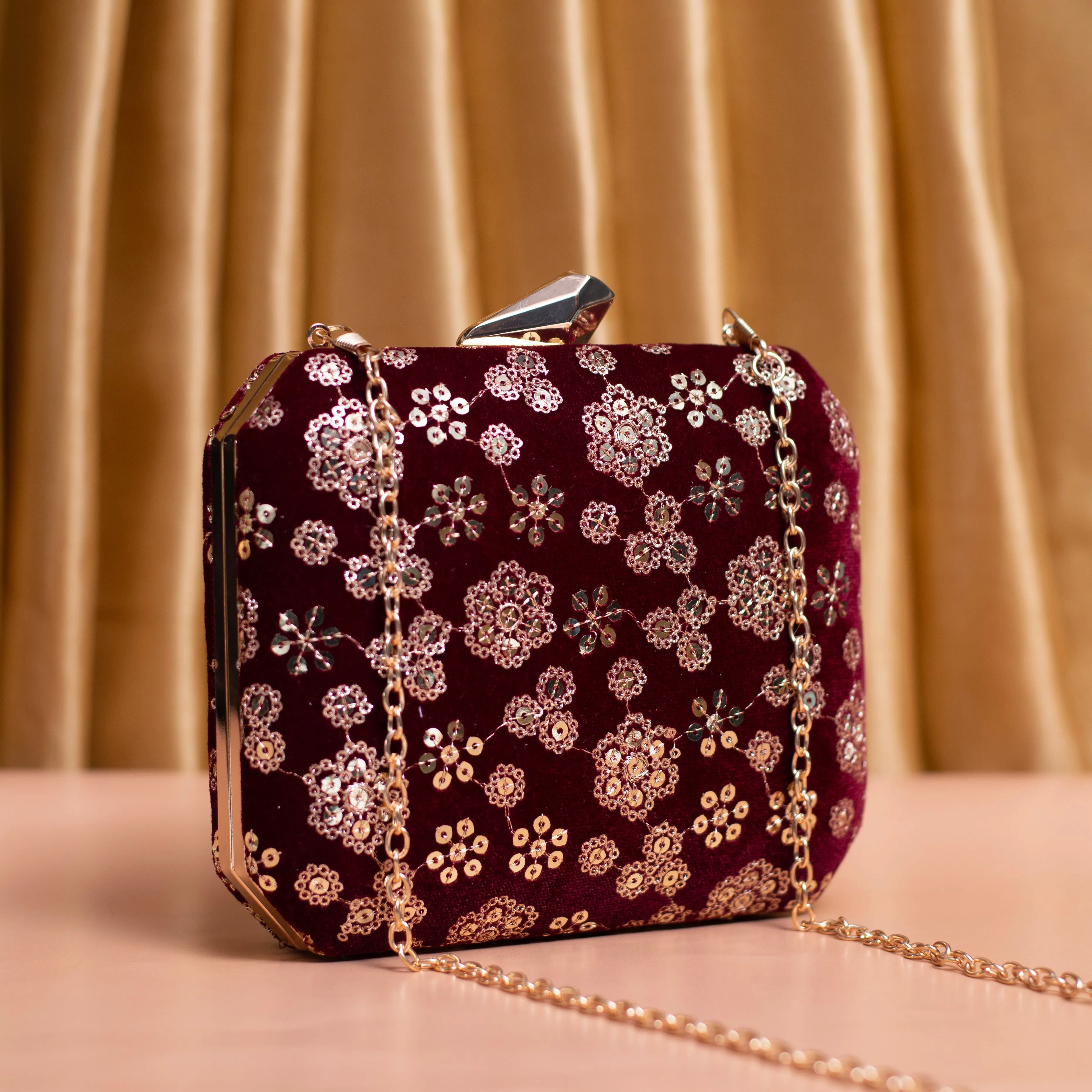 Maroon Floral Sequins Embroidery Party Clutch