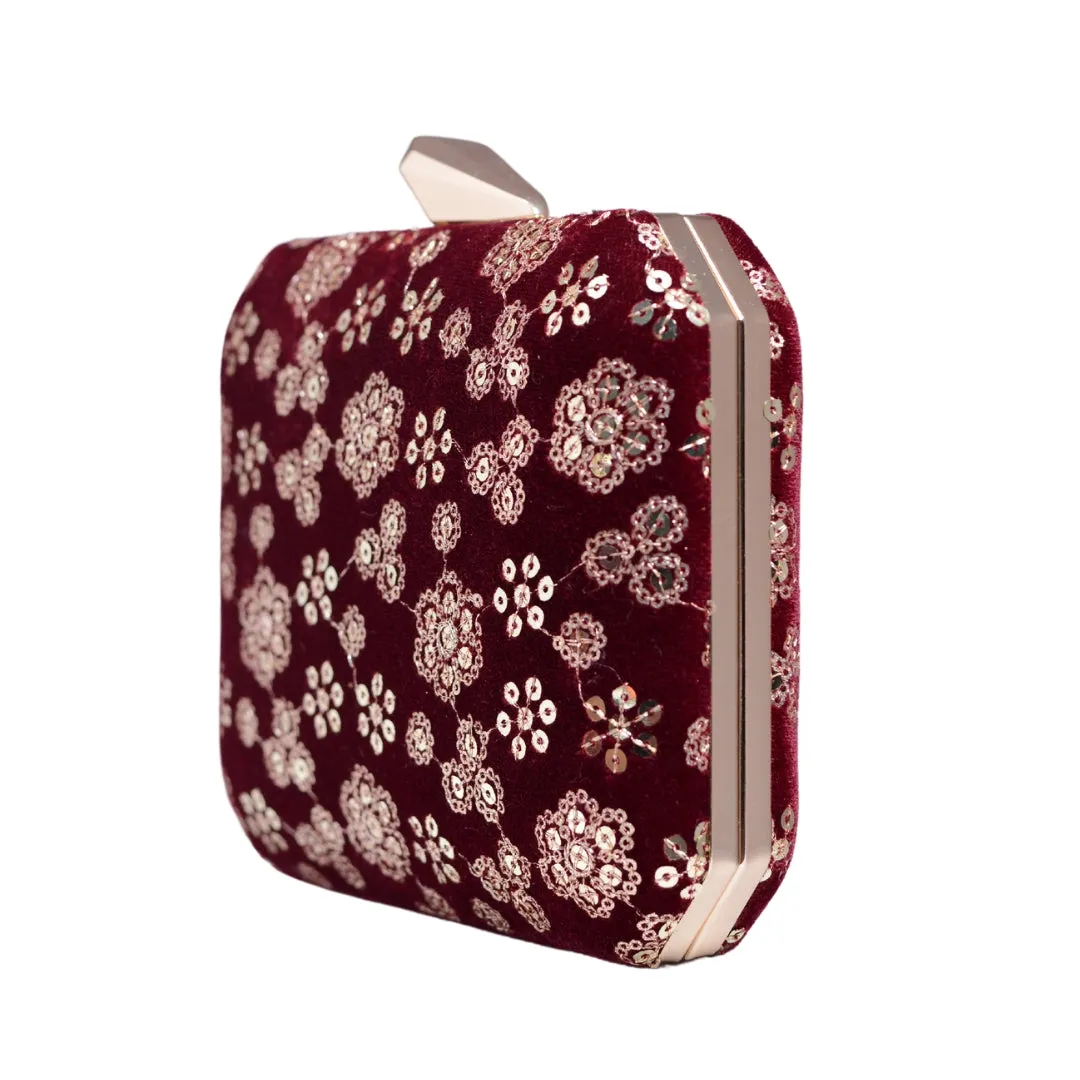 Maroon Floral Sequins Embroidery Party Clutch