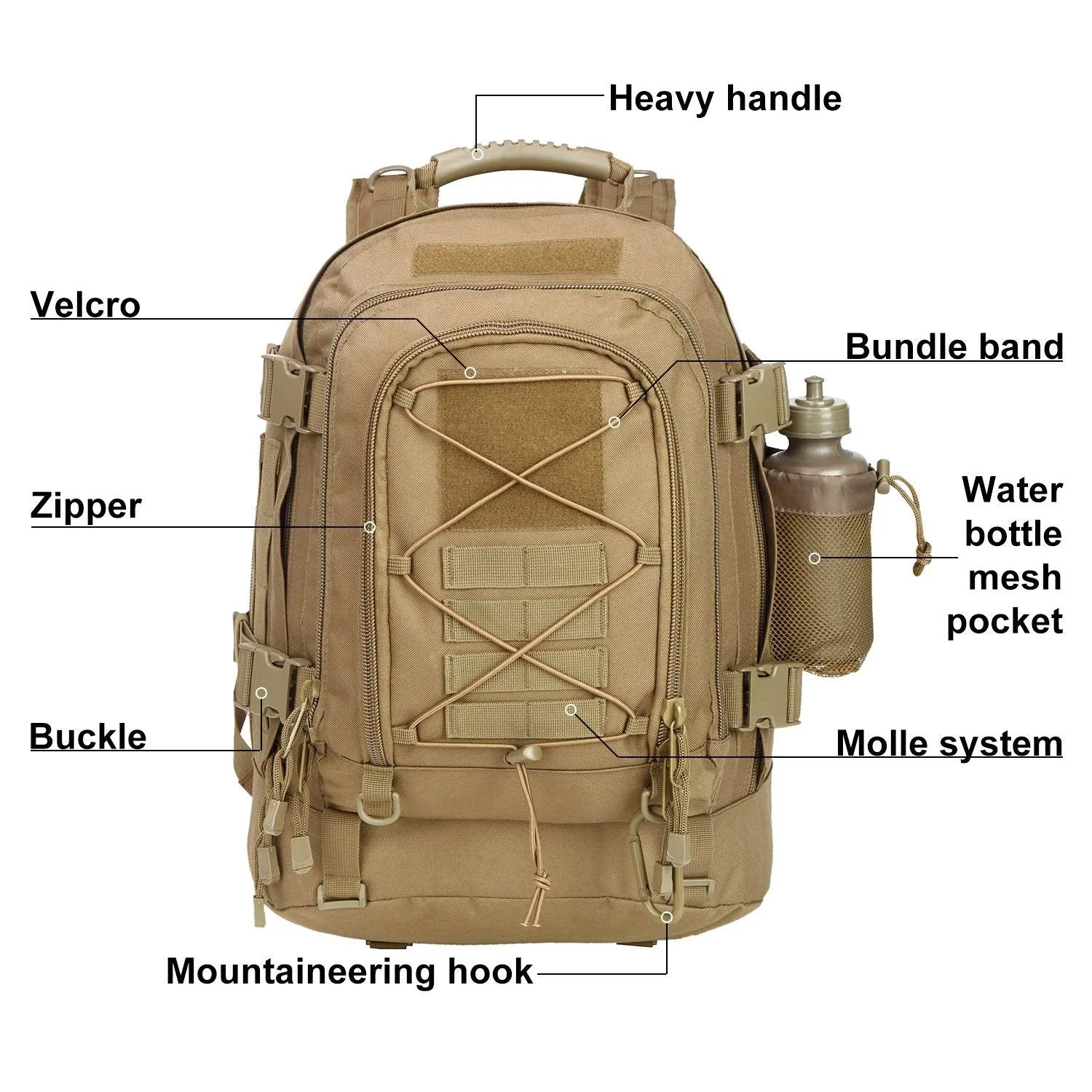Military Expandable Travel Backpack Tactical Waterproof Work Backpack for Men(TAN)