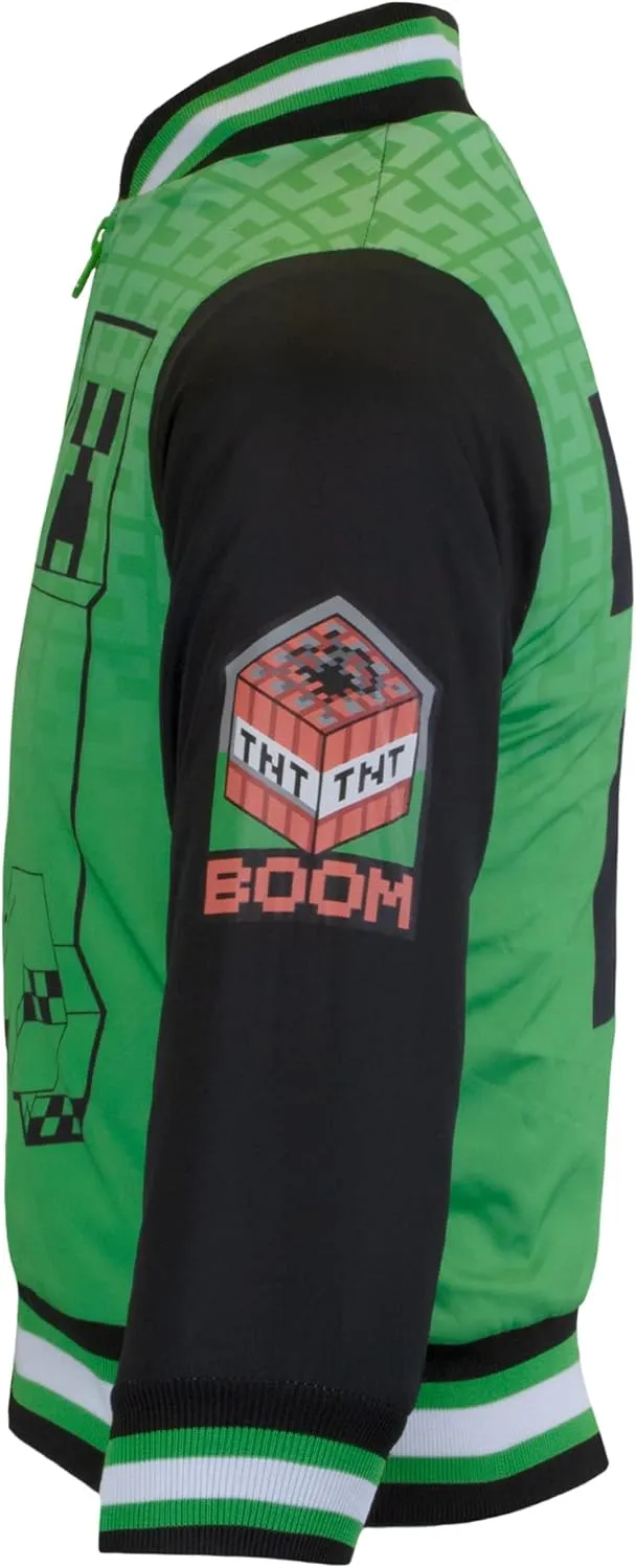 Minecraft Bomber Jacket for Boys, Zip-Up Graphic Print Varsity Jacket for Kids and Toddlers